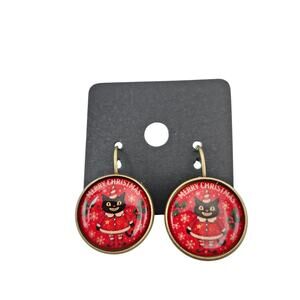 Round Black Cat Merry Christmas Red Earrings Leverback